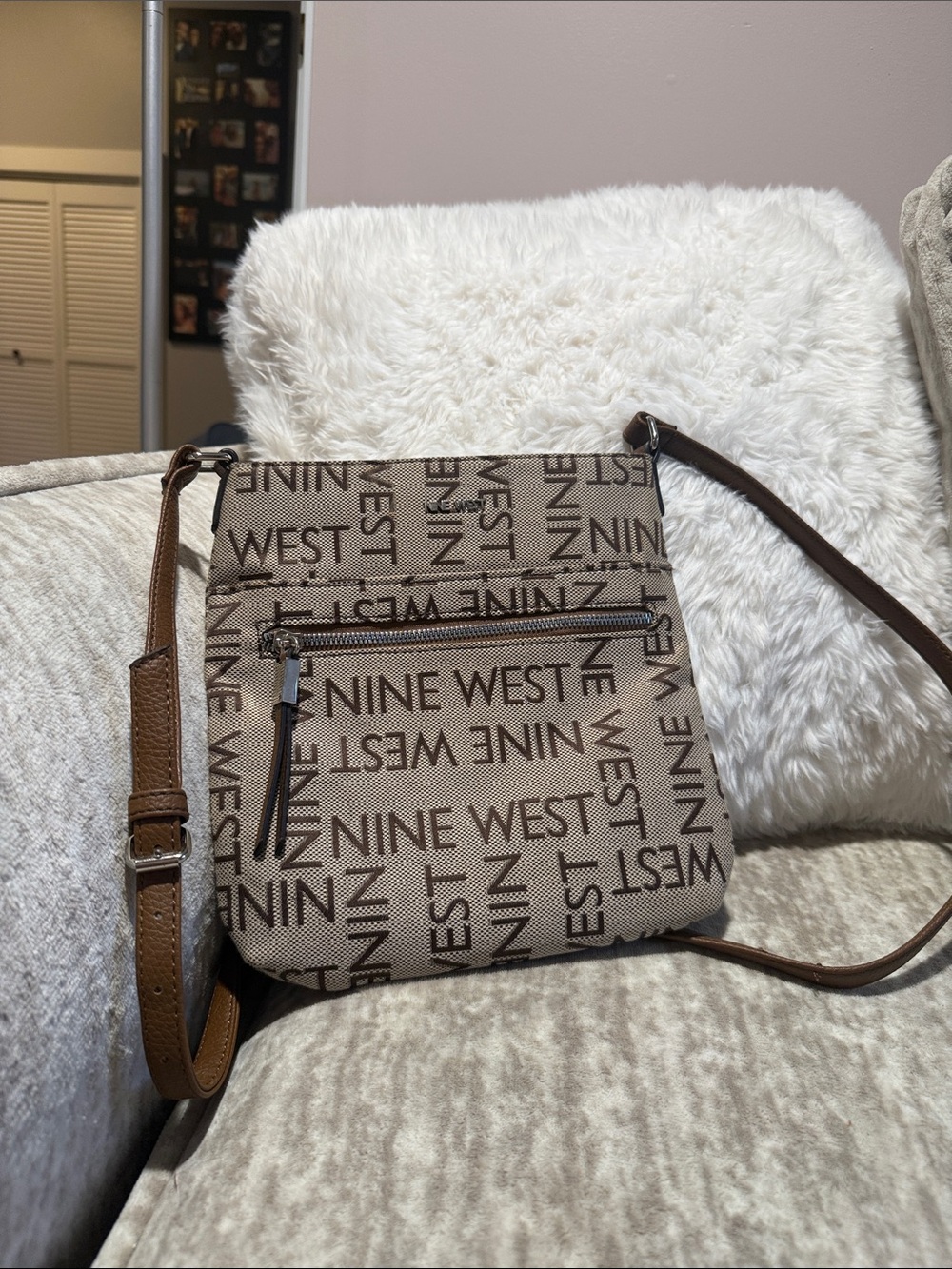 Nine West Beige and Brown Logo Crossbody Bag